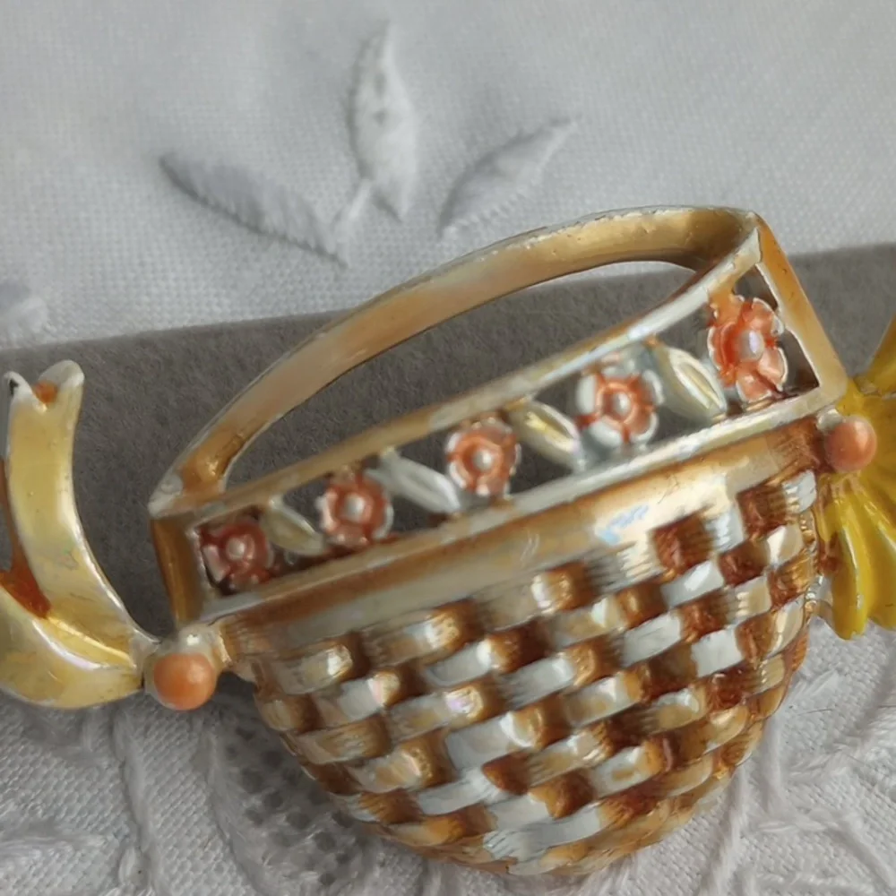 Vintage BJ enamel woven flower basket pin yellow orange